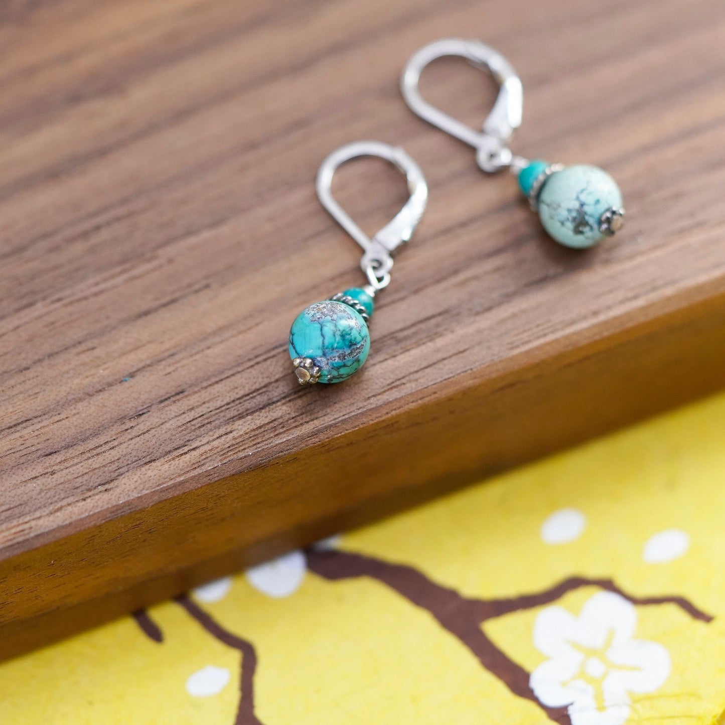 Vintage Sterling 925 silver handmade earrings with turquoise bead