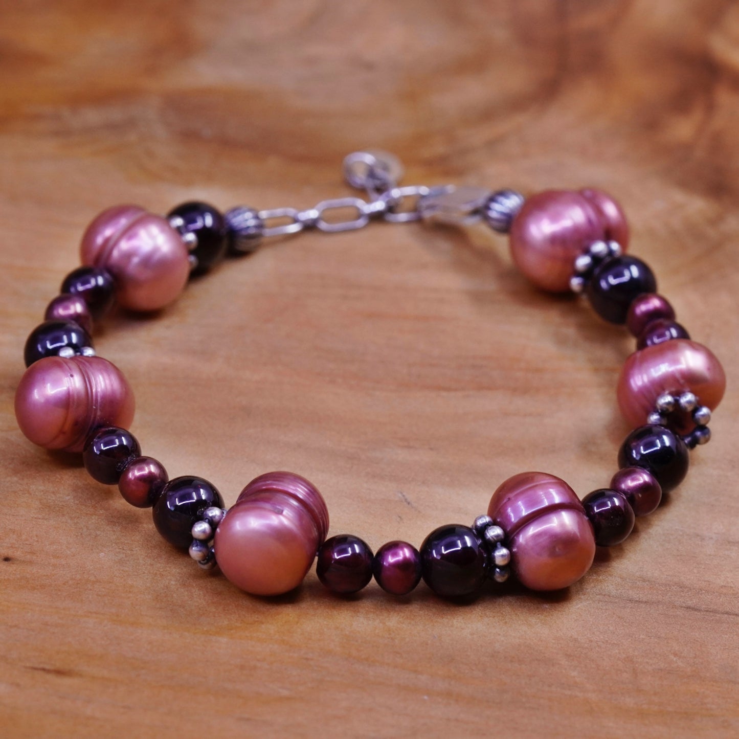 7”, Carolyn Pollack Sterling silver handmade bracelet, 925 chain pearl garnet