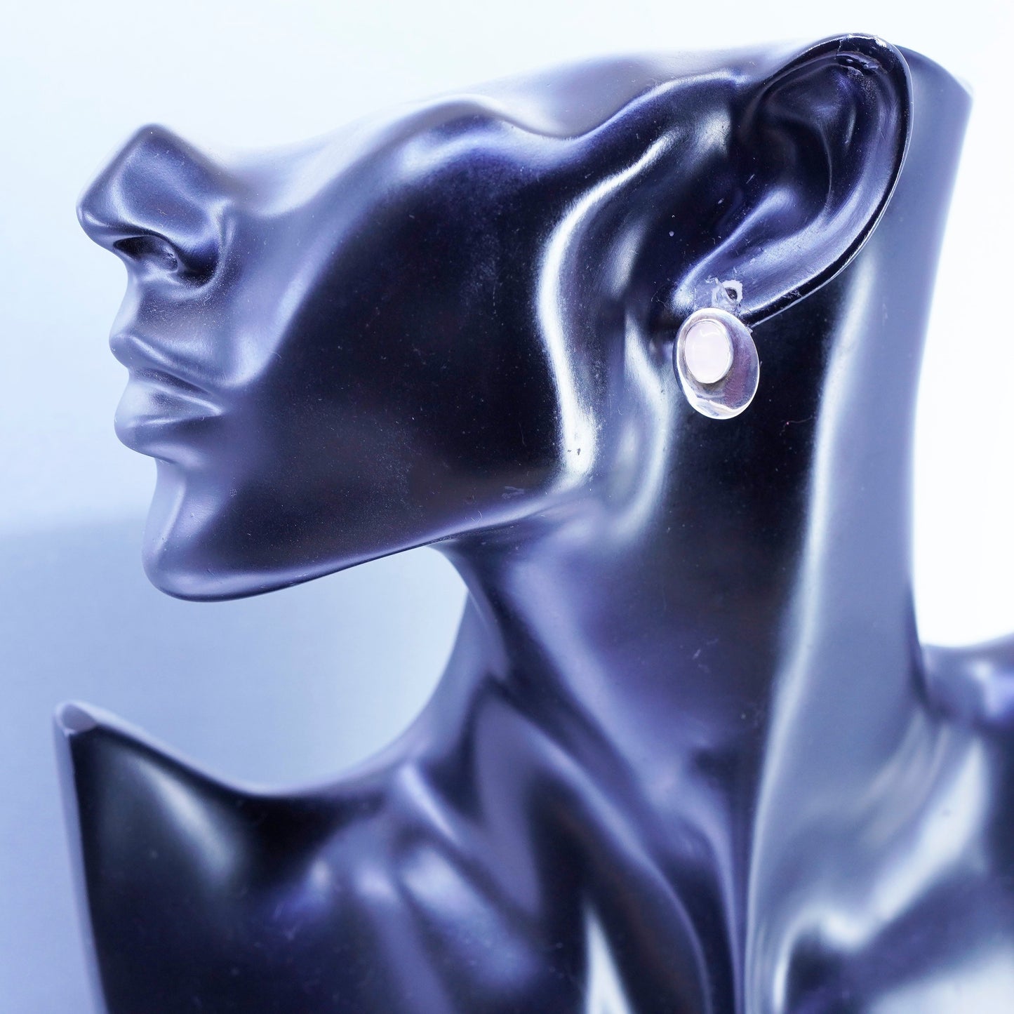 Vintage Sterling 925 silver earrings, oval studs with pink rose quartz