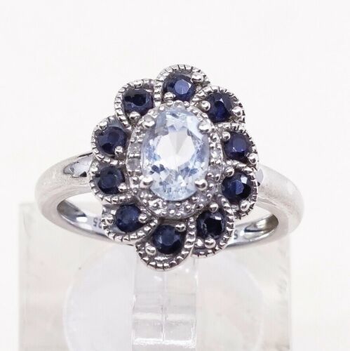 Sz 5.75, Vtg Sai Sterling Silver Ring, 925 Ring W/ blue Topaz N Sapphire Around