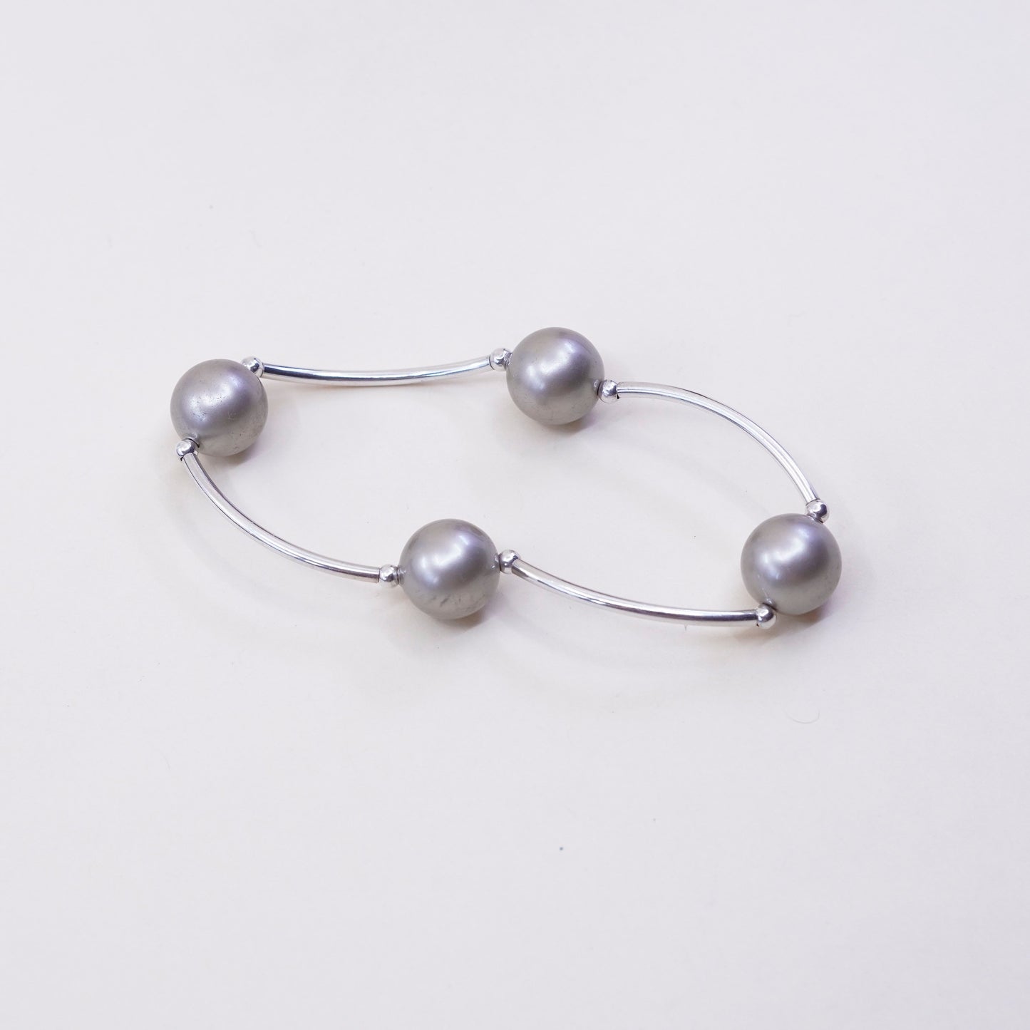 6”, handmade sterling 925 silver bar with gray pearl bracelet w/ elastic band