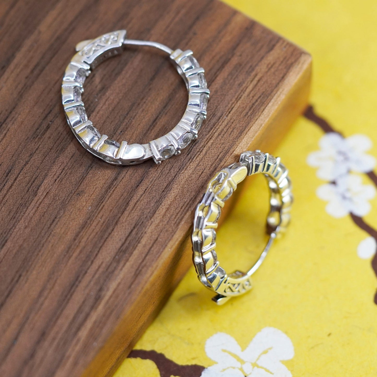 1”, vintage BBJ Sterling silver handmade earrings, 925 huggie hoops cluster cz