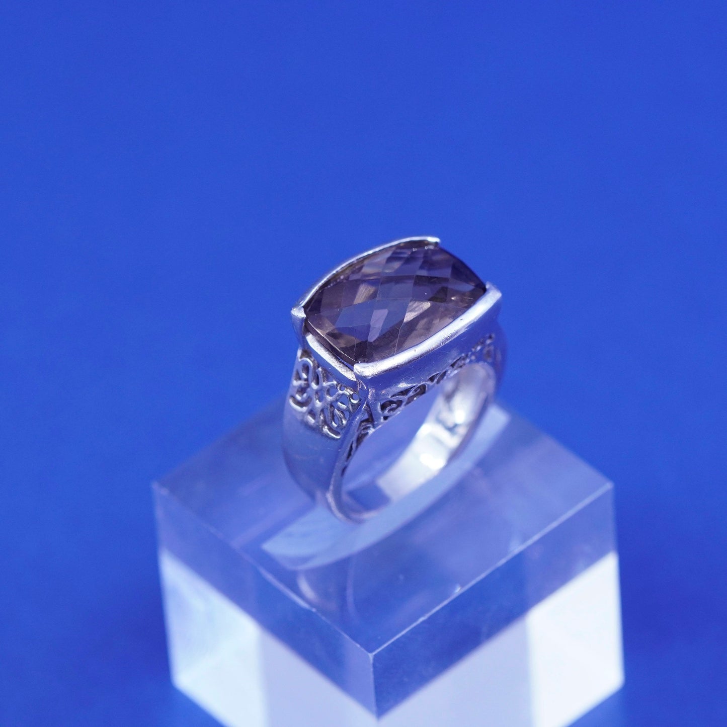 Size 7.25, sterling 925 silver handmade filigree ring w/ cushion smoky topaz