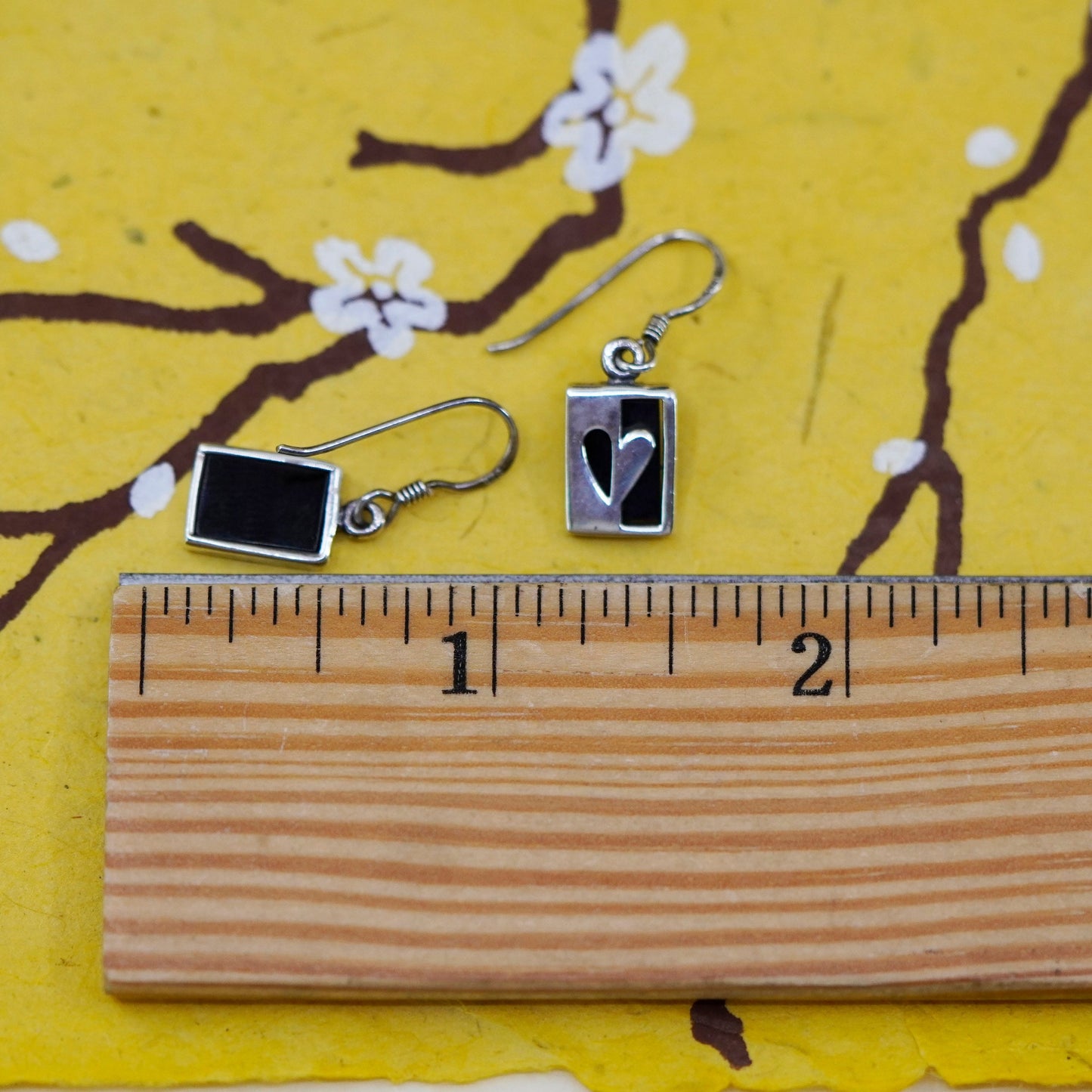 Vintage Sterling 925 silver handmade earrings with heart and obsidian