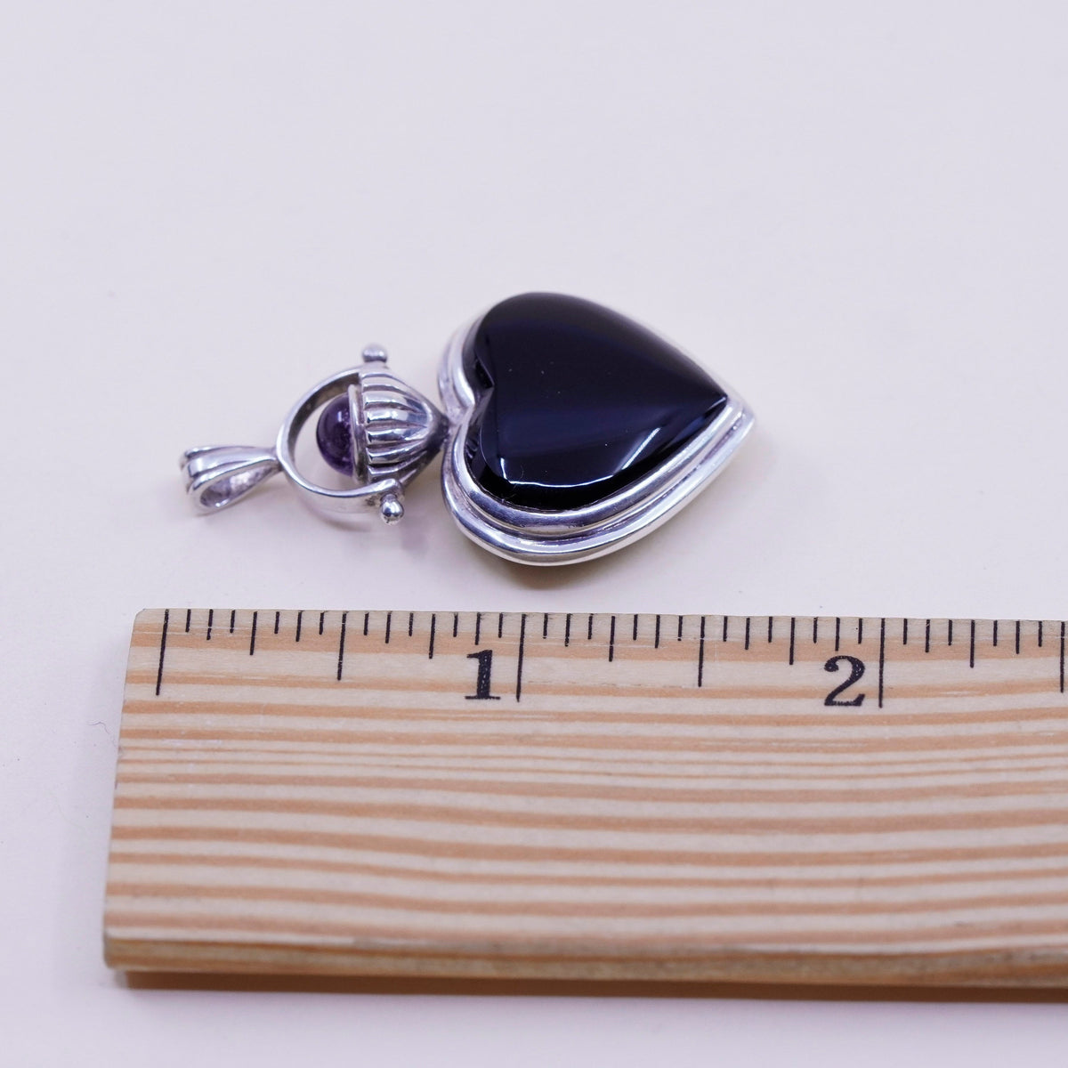 vintage sterling silver handmade pendant, 925 heart w/ obsidian mother of pearl