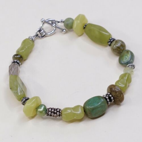 6.5”, Vintage Sterling Silver Handmade Bracelet, 925 Silver W/ Jade N Crystal