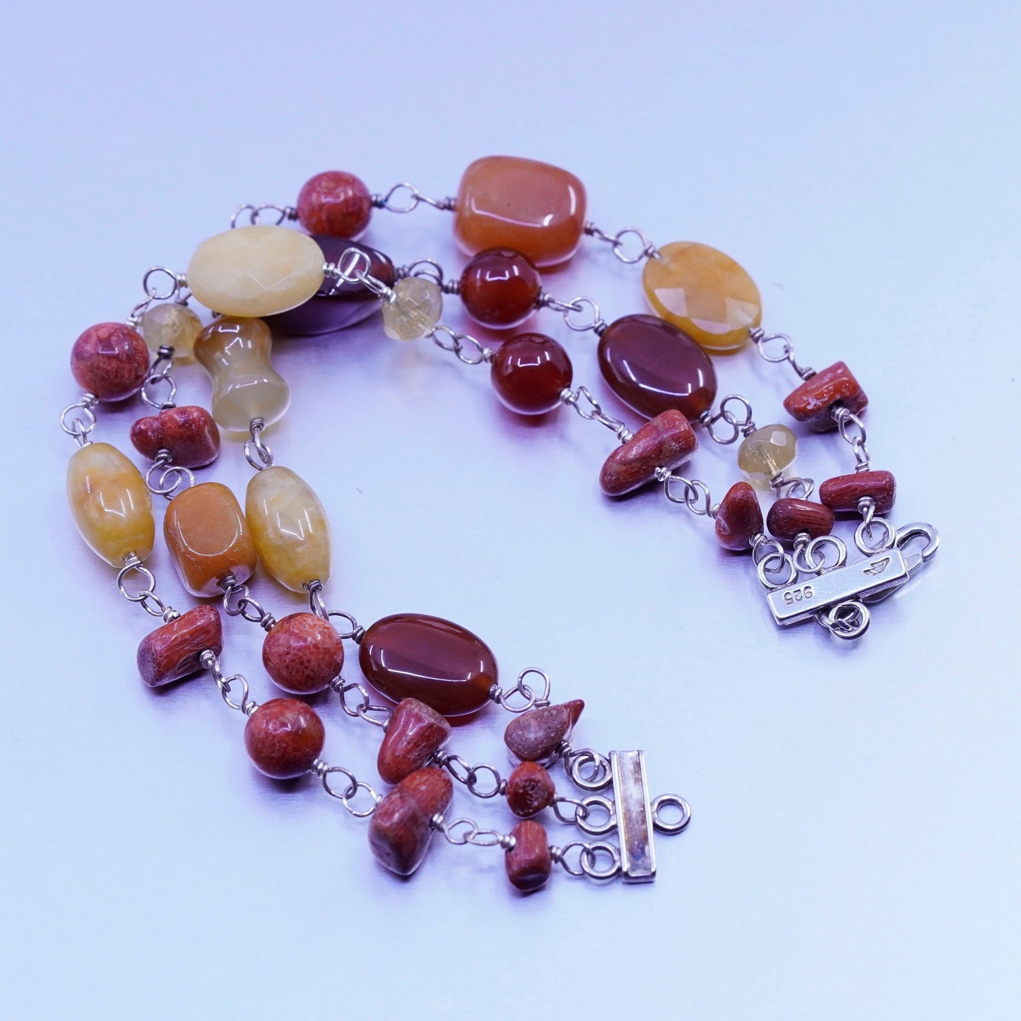 7”, vtg Sterling 925 silver beaded bracelet w/ agate coral citrine carnelian