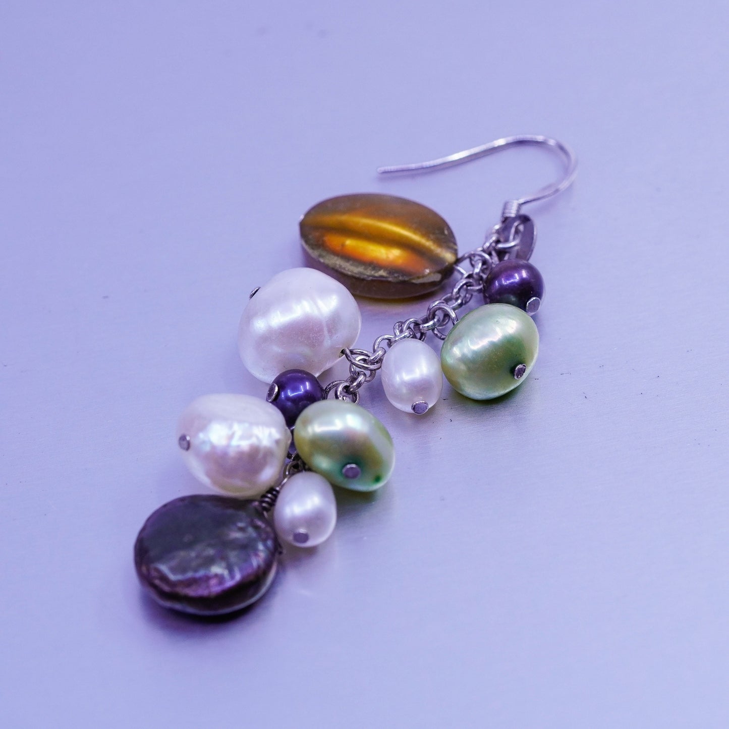 Vintage Sterling 925 silver handmade earrings with cluster freshwater pearl