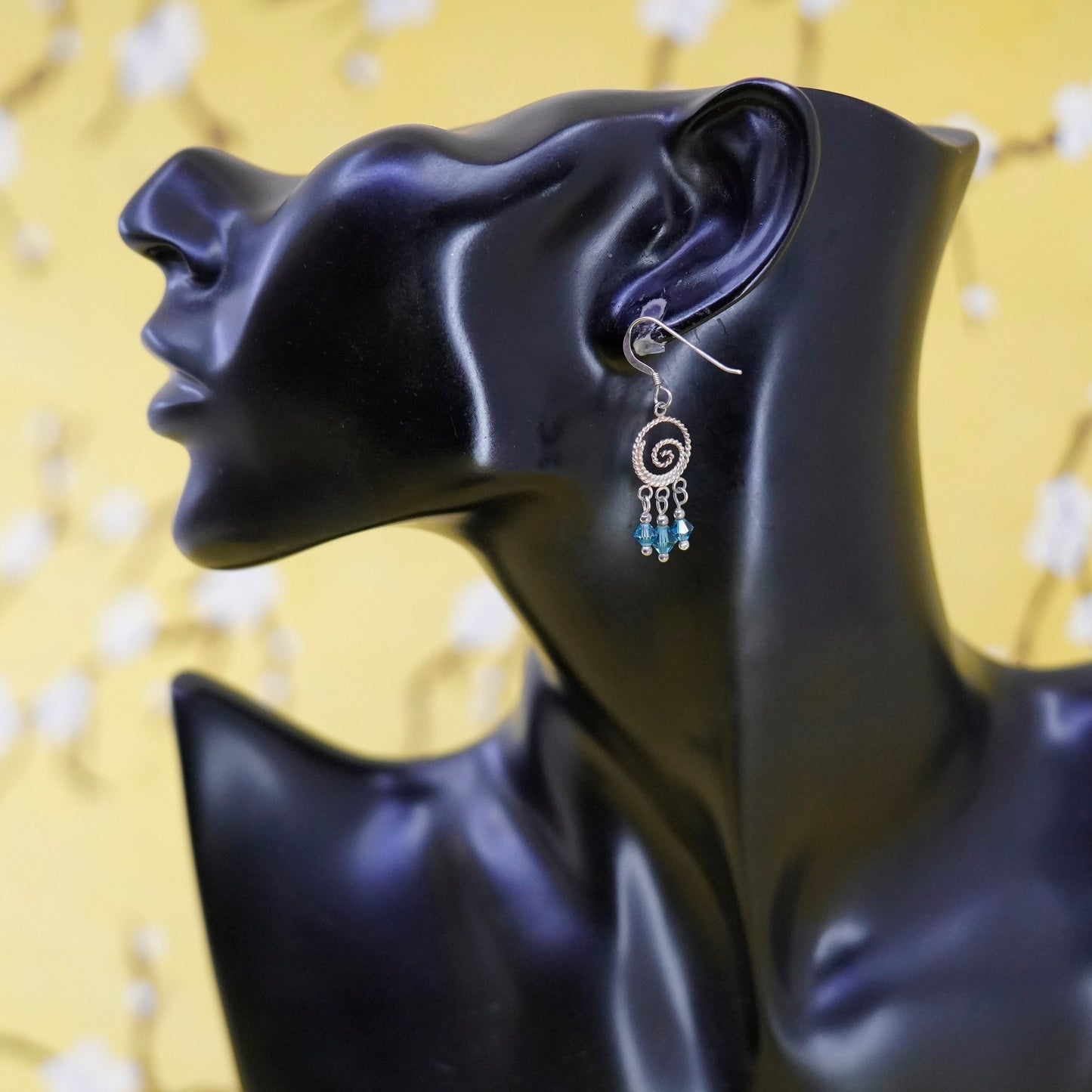 Vintage Sterling silver Handmade earrings, swirly dangle w/ blue crystal drops