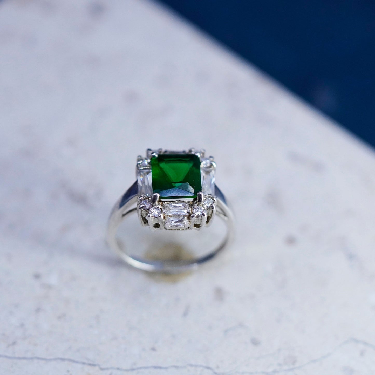 Size 9.25, vintage sterling 925 silver handmade ring with emerald and cz