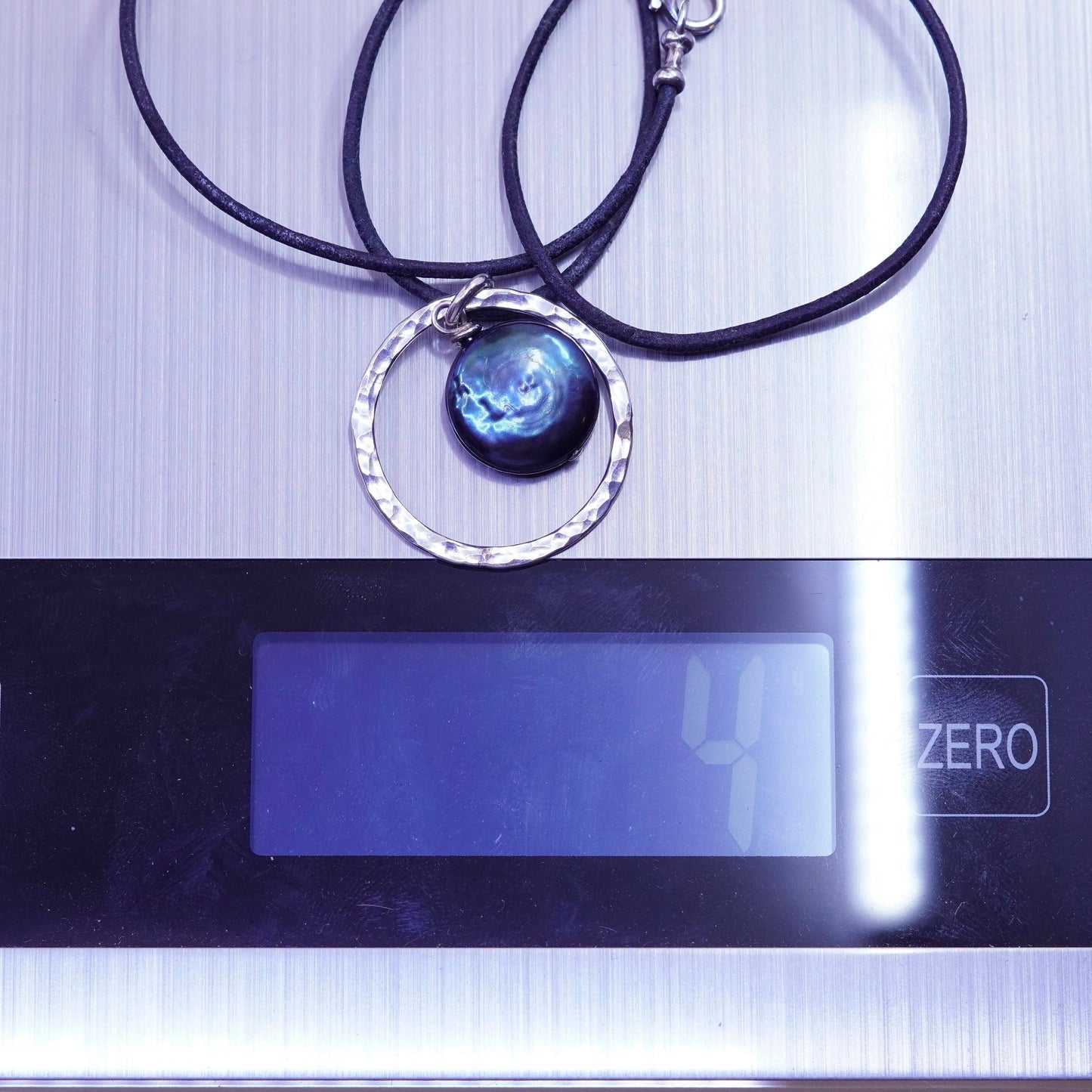 16”, sterling silver handmade necklace, 925 circle pearl pendant leather thread