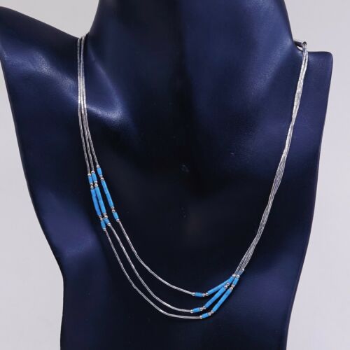 16”, Vtg Sterling silver handmade necklace, 925 Liquid Silver W/ Turquoise Beads