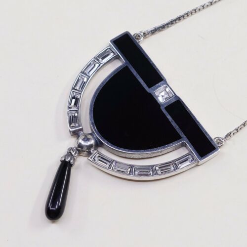 18”, Vtg 1970s UNID Modern Sterling 925 Silver Necklace W/ Obsidian Pendant