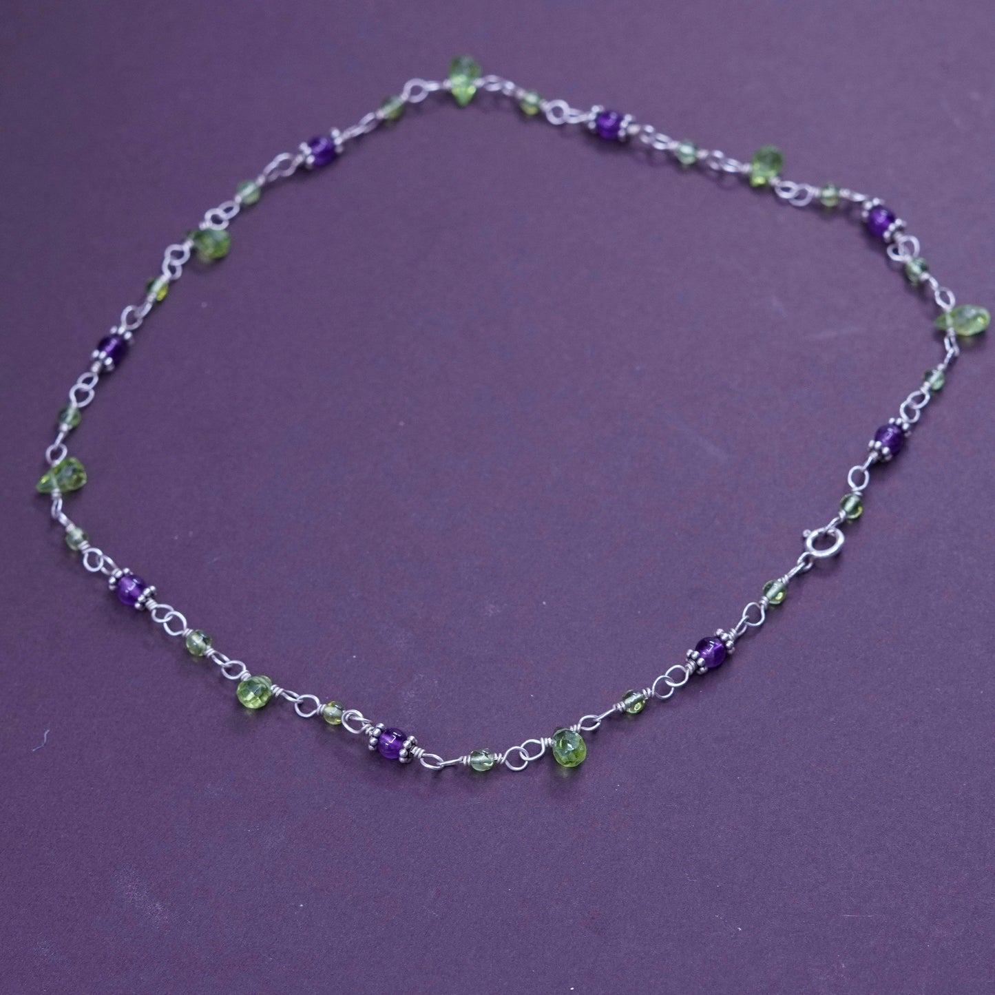 16”, Sterling silver Handmade necklace 925 circle chain peridot amethyst nugget