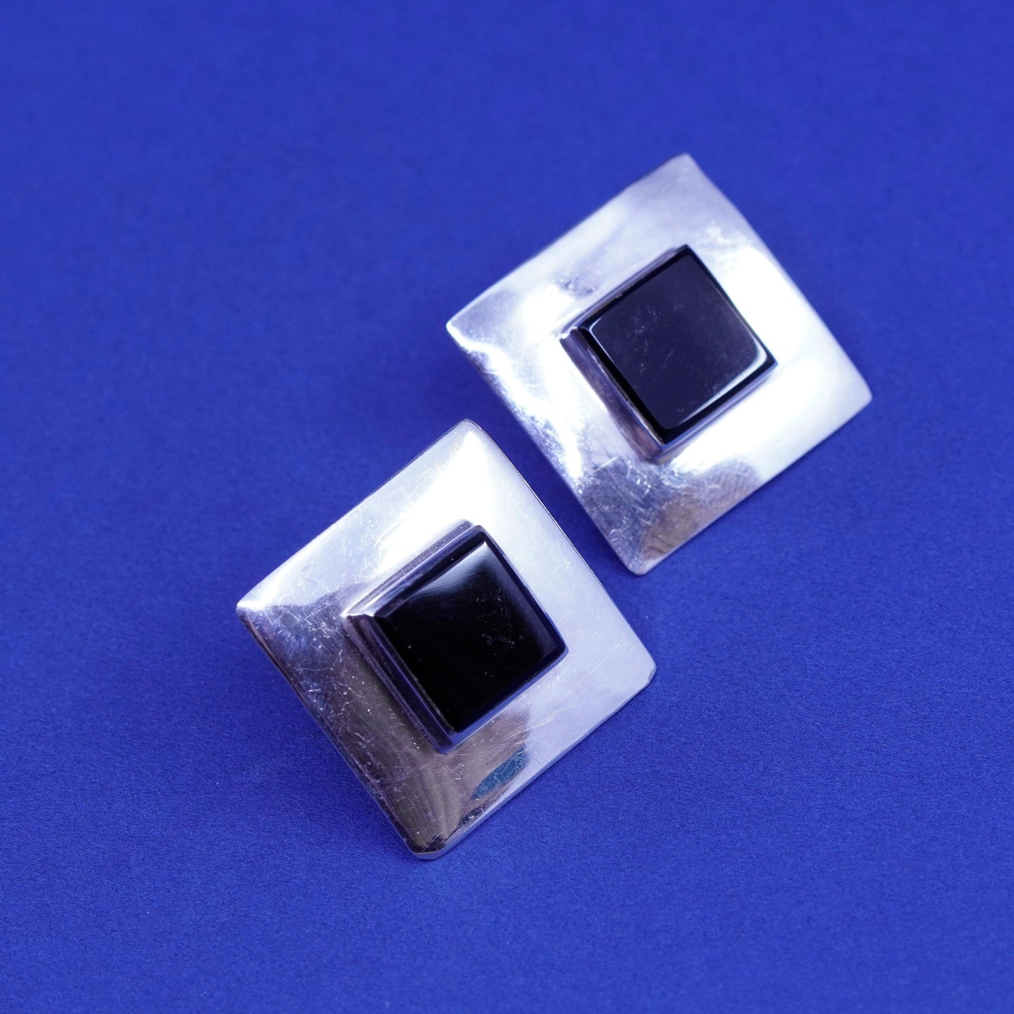 vtg sterling 925 silver handmade earrings, Thailand 925 square studs w/ onyx