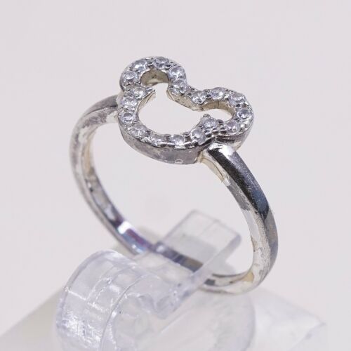 Sz 5, Vtg Sterling Silver Fashion Ring, 925 Silver Mickey Ring W/ Cz
