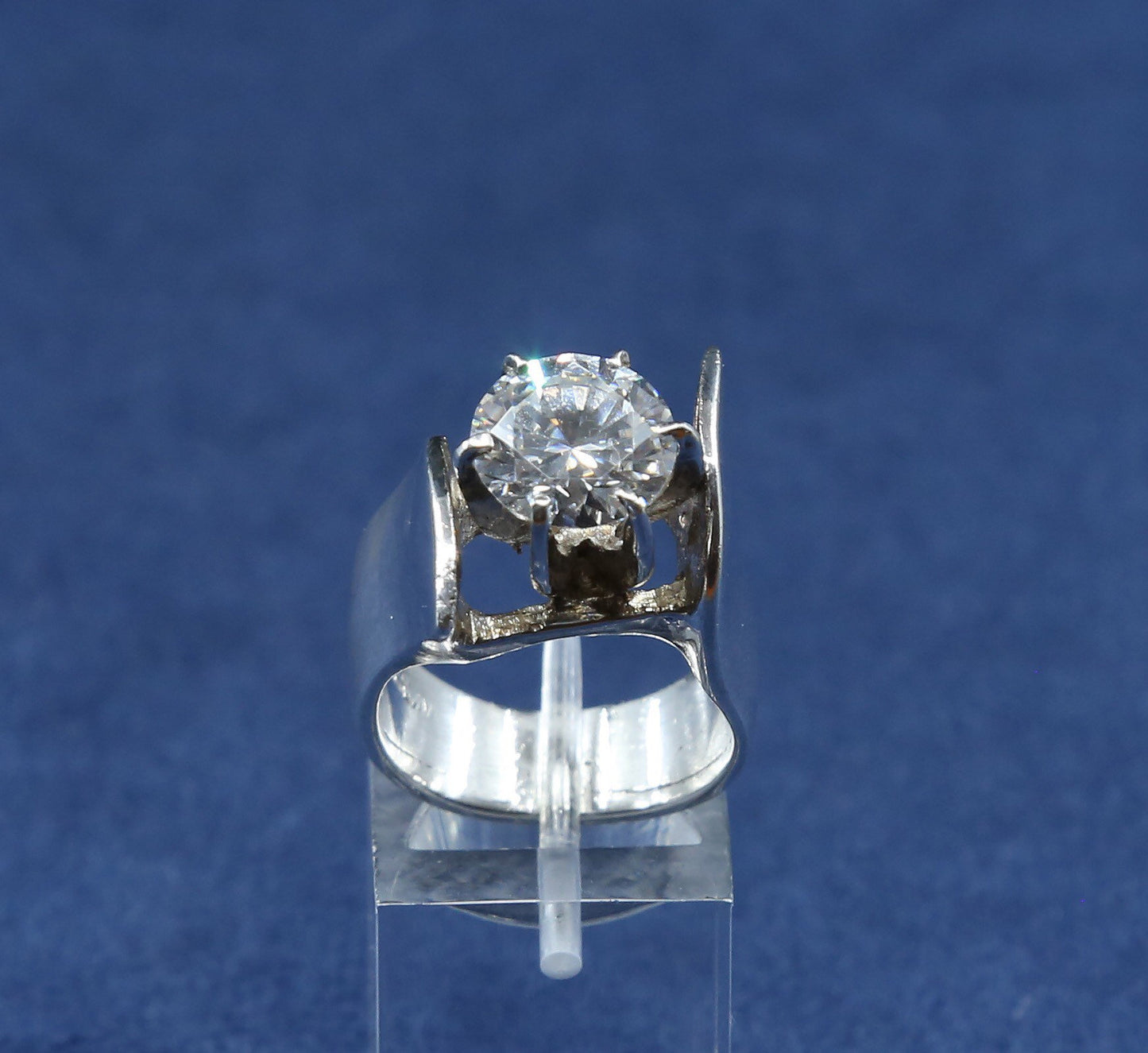 sz 7, vtg Sterling silver handmade ring, 925 statement cocktail ring w/ crystal