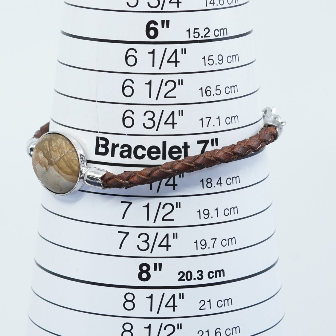 7”+1”, vtg Sterling silver handmade bracelet, 925 bangle w/ brown leather