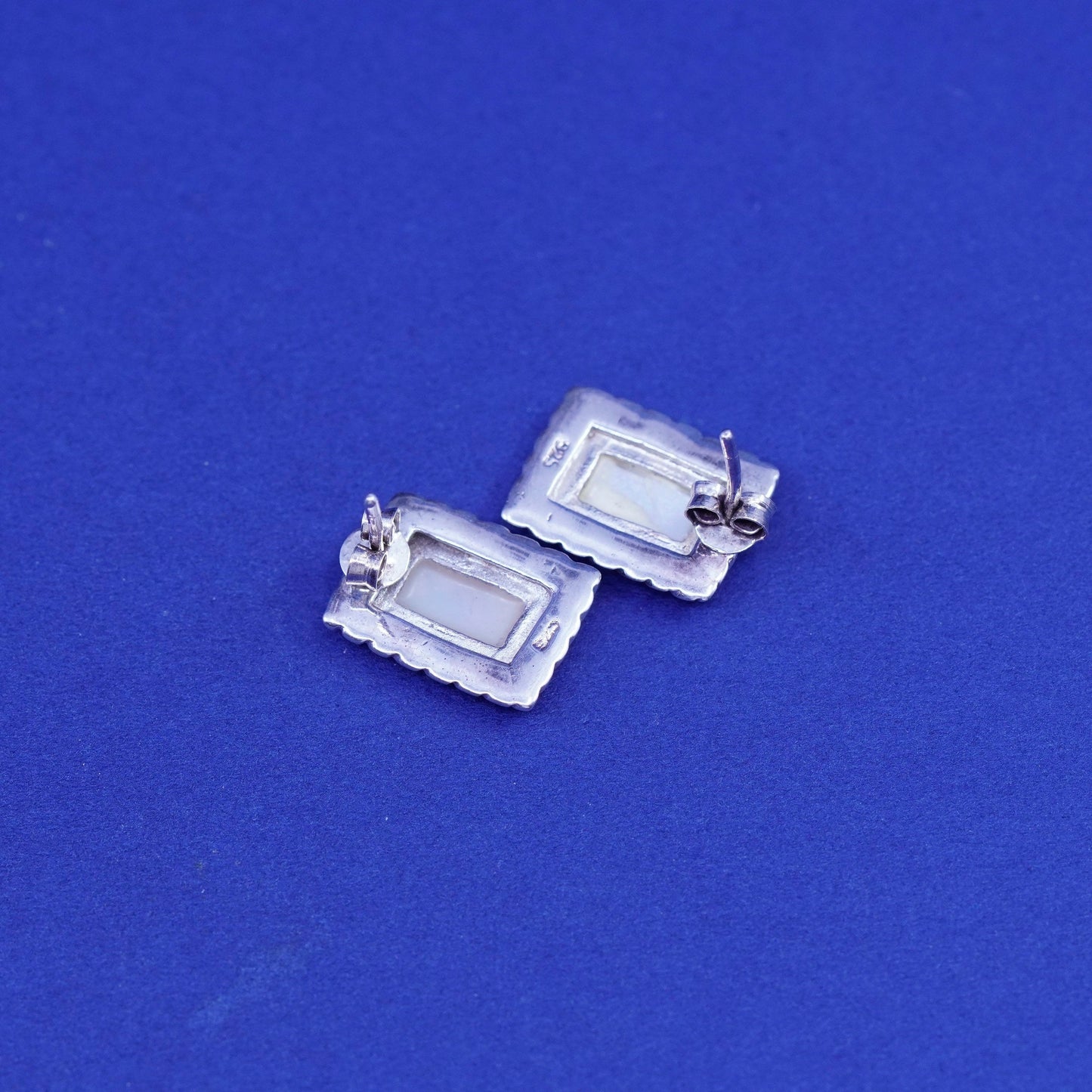 Vintage sterling silver handmade earrings, 925 studs with mother of Pearl cable