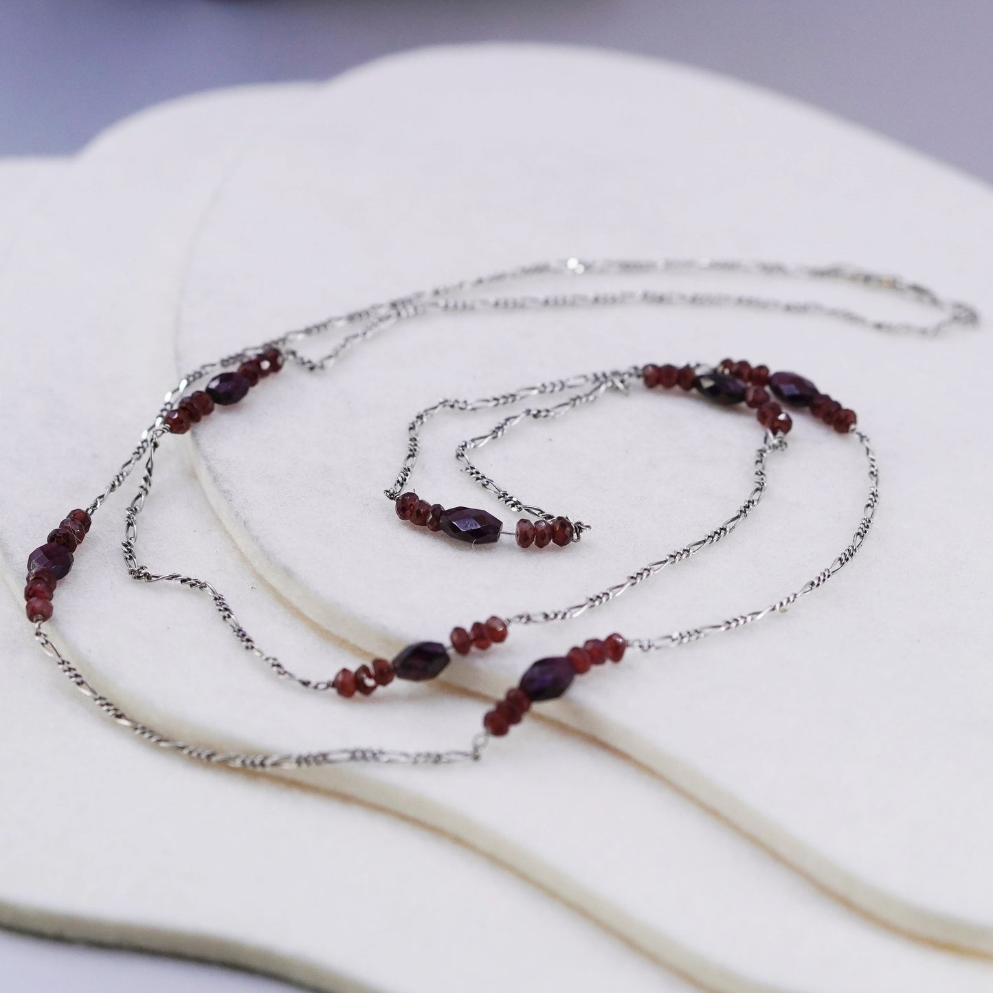 36”, Sterling 925 silver handmade extra long figaro necklace with garnet beads