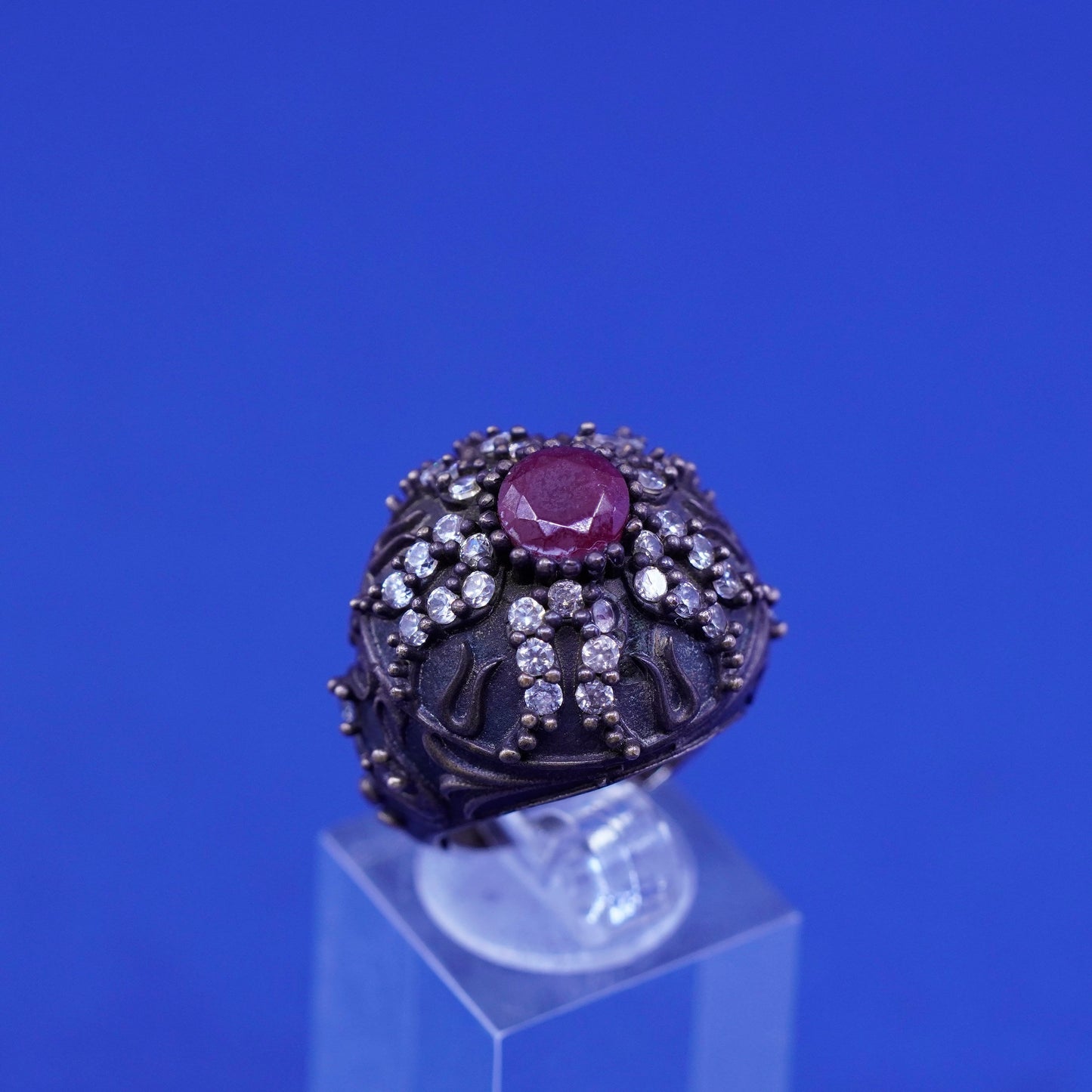 Size 6.25, vintage Sterling 925 silver handmade crown Statement ring ruby Cz