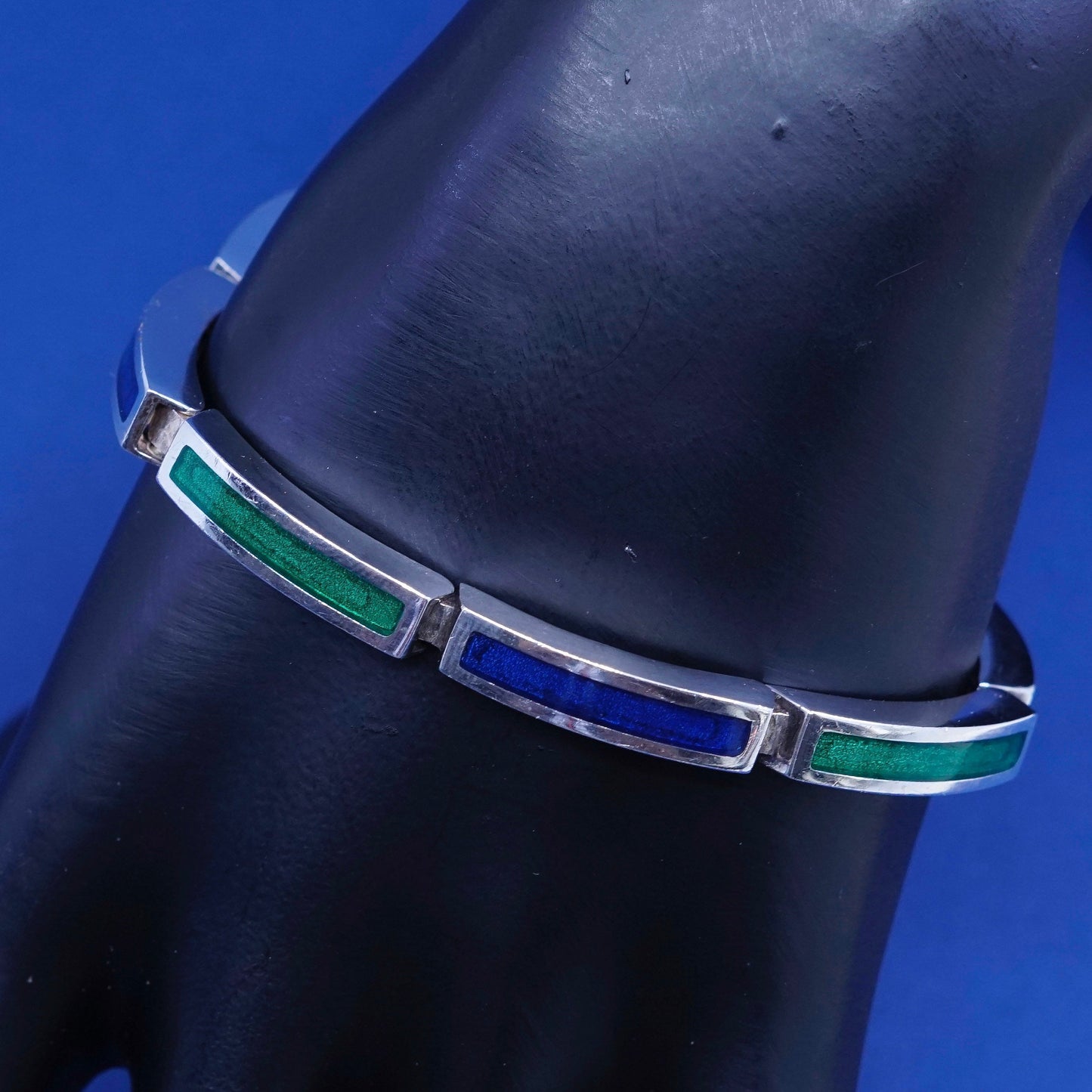 7.25”, vintage Sterling silver handmade bracelet, 925 bar with enamel