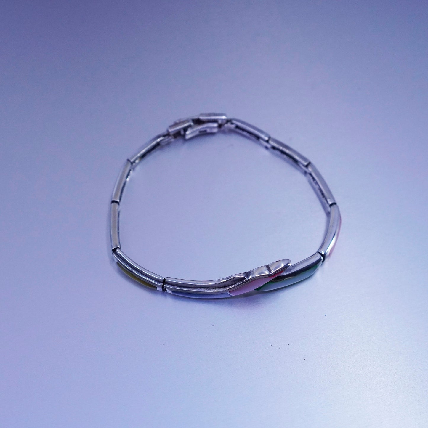 6.75”, Sterling 925 silver tennis bracelet chain with pink blue mother of pearl