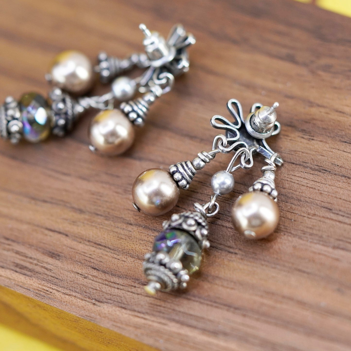 Sterling 925 silver handmade earrings with crystal and pearl details, dangle