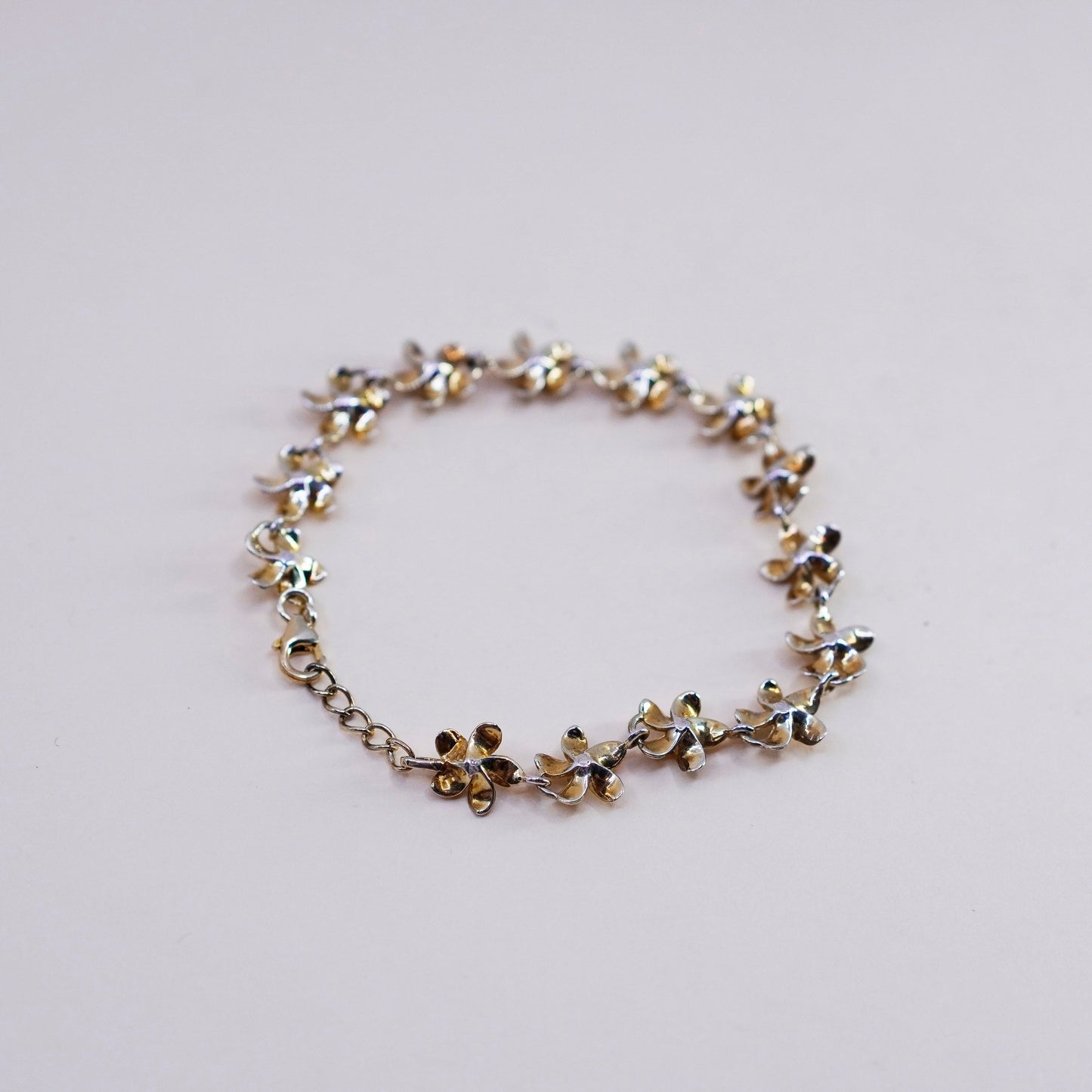 7.25”, vermeil gold sterling silver bracelet, 925 plumeria flowers cz, jewelry