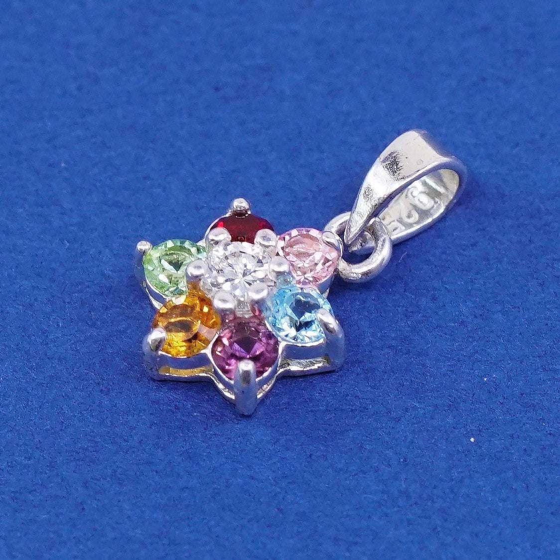 vtg Sterling silver handmade pendant, 925 flower w/ colorful crystal