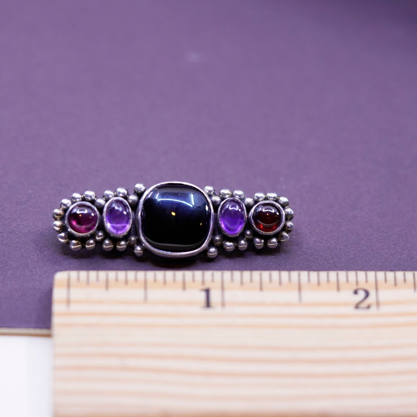 Vintage handmade sterling silver brooch, 925 pin with amethyst onyx with beads