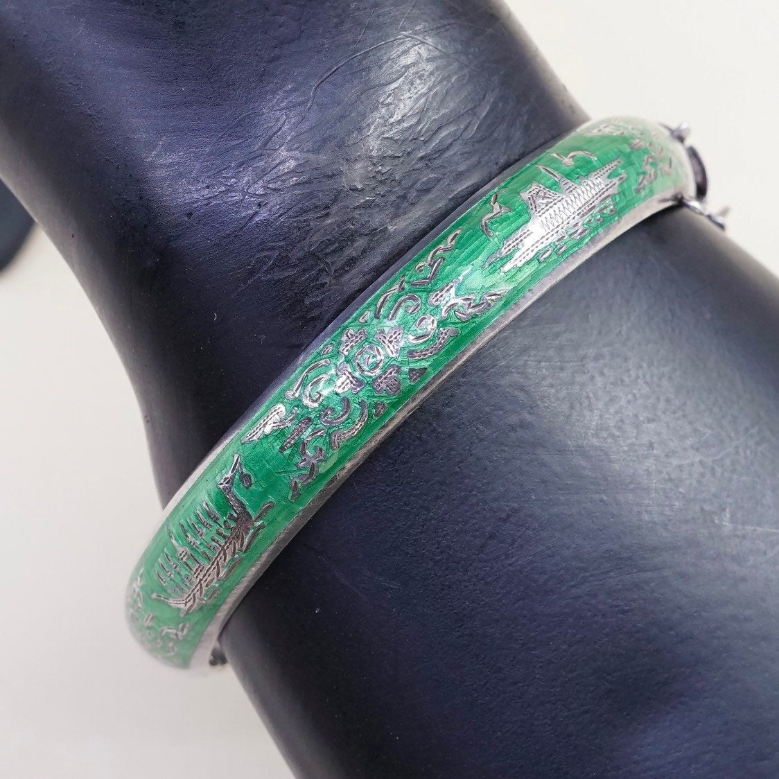 7.75", sterling silver story teller bangle, cuff, 925 bracelet w/ green enamel