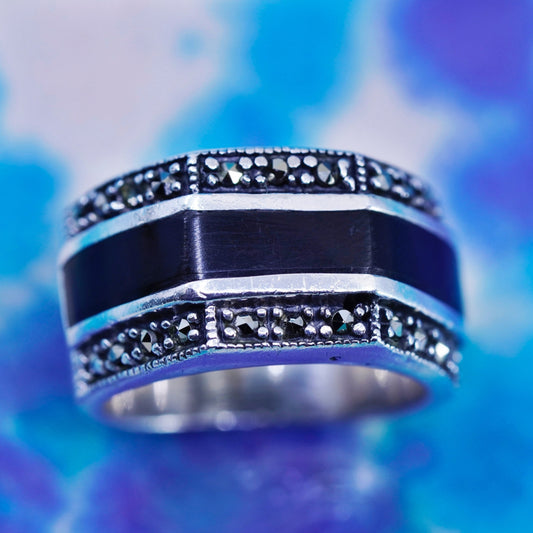 Size 6, vintage Sterling silver handmade ring, wide 925 band w/ onyx marcasite