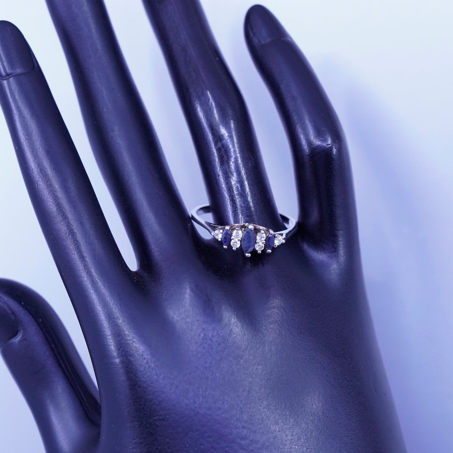 Size 11.25, vintage Sterling 925 silver handmade ring with sapphire and cz