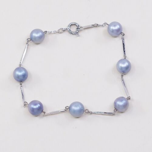 7.5”, Vtg Sterling Silver Handmade bracelet 925 Bar With Blue Pearl Beads