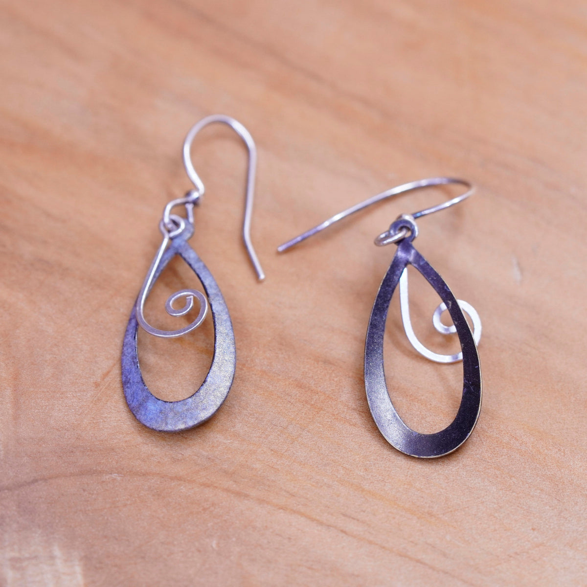 Vintage Sterling silver handmade earrings, 925 teardrops with swirly dangle