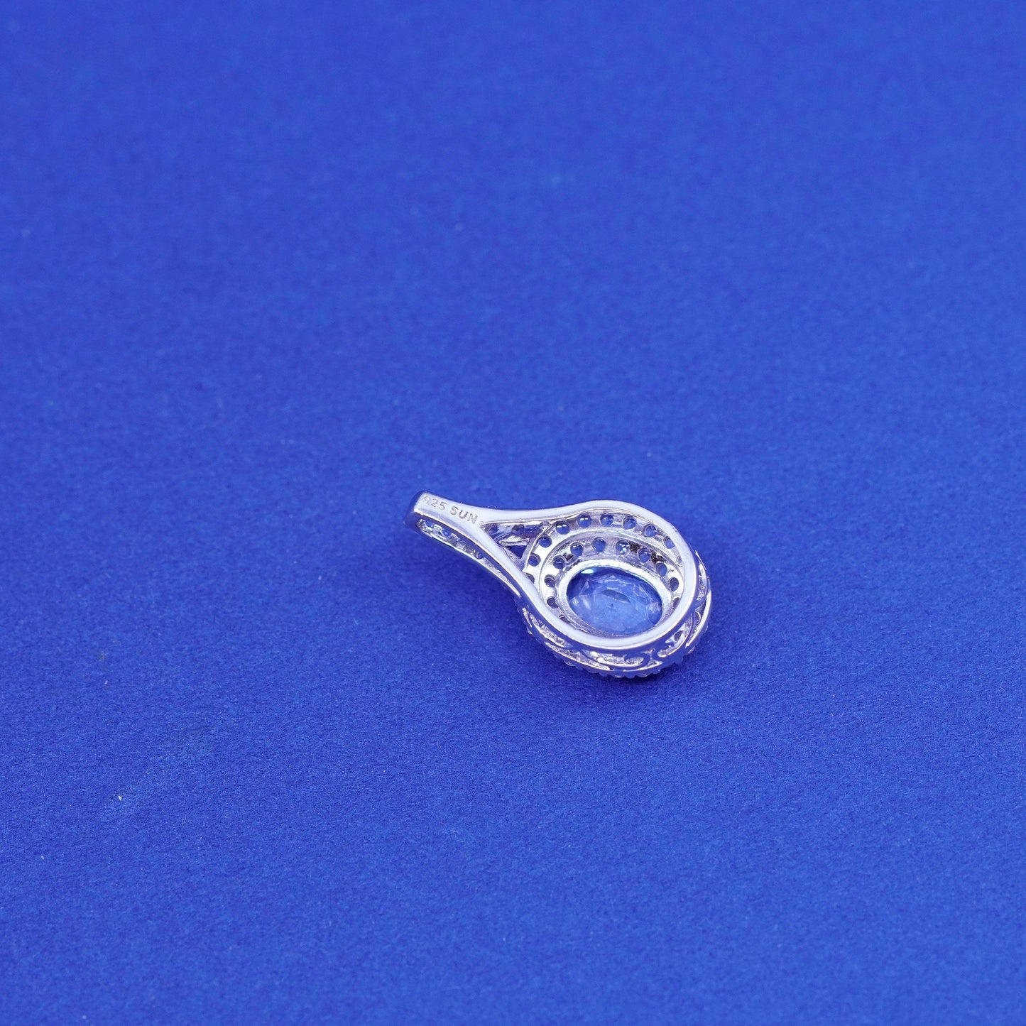 Vintage sterling 925 silver handmade pendant with blue topaz and cz