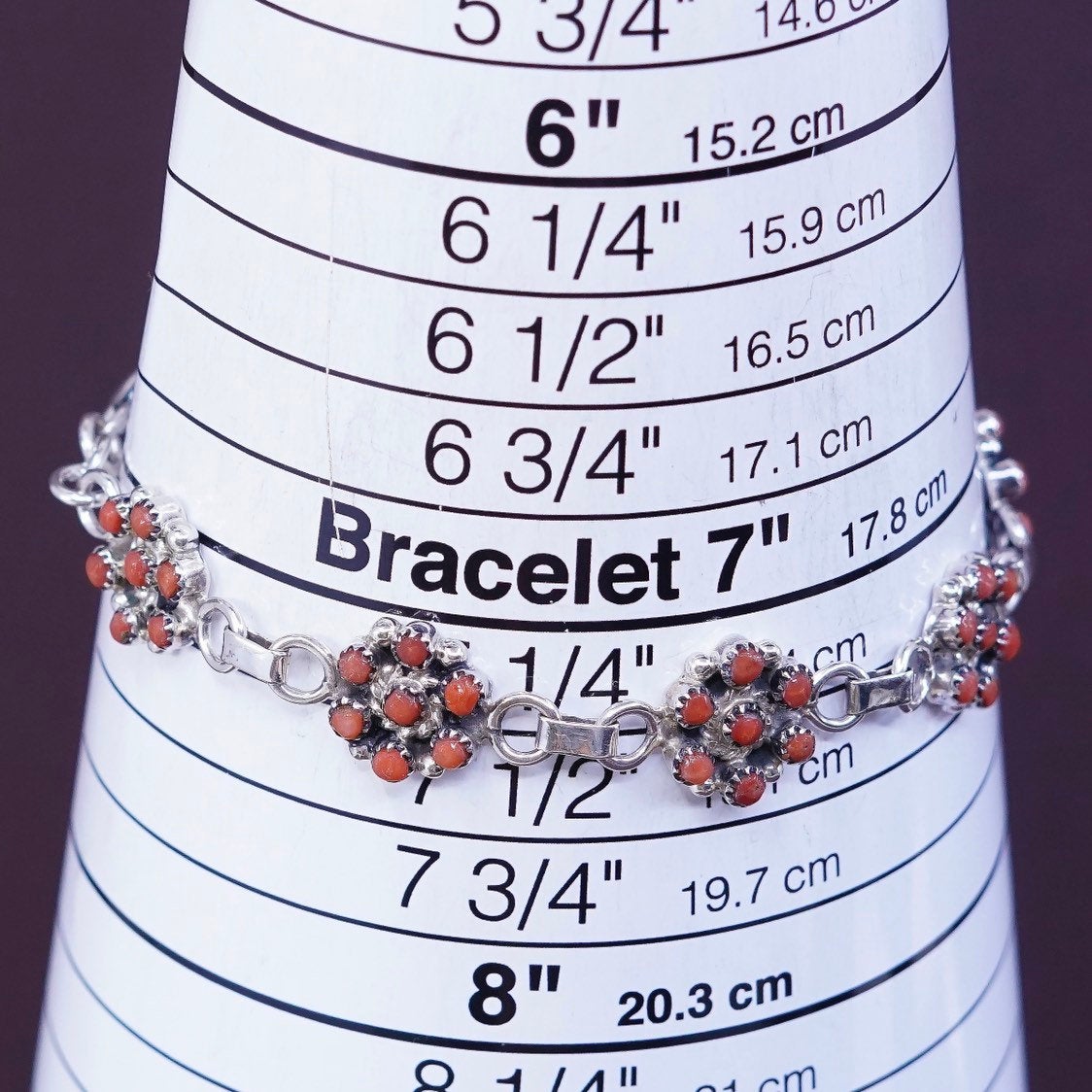 7.5", Native American Mary Sterling silver bracelet, navajo 925 flower w/ coral