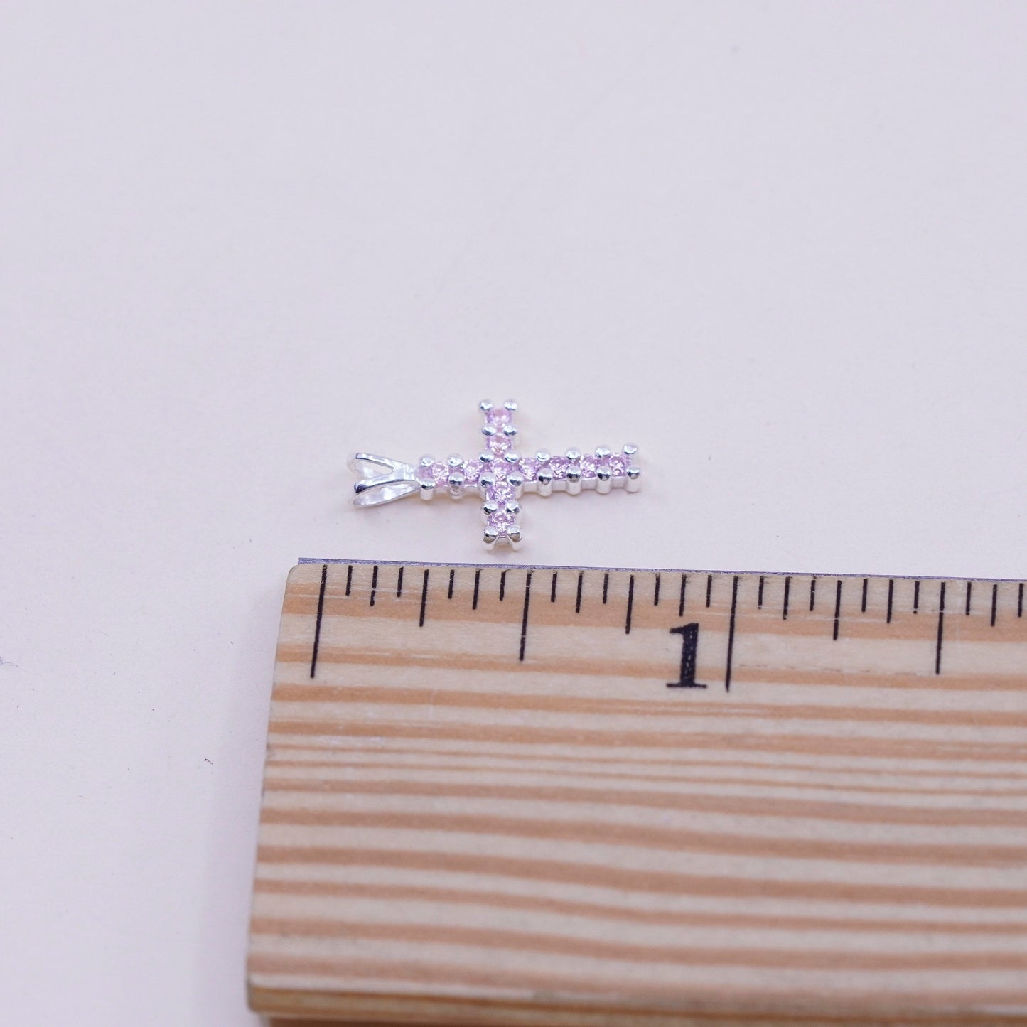 Vintage sterling silver pendant, 925 cross handmade charm with pink cz