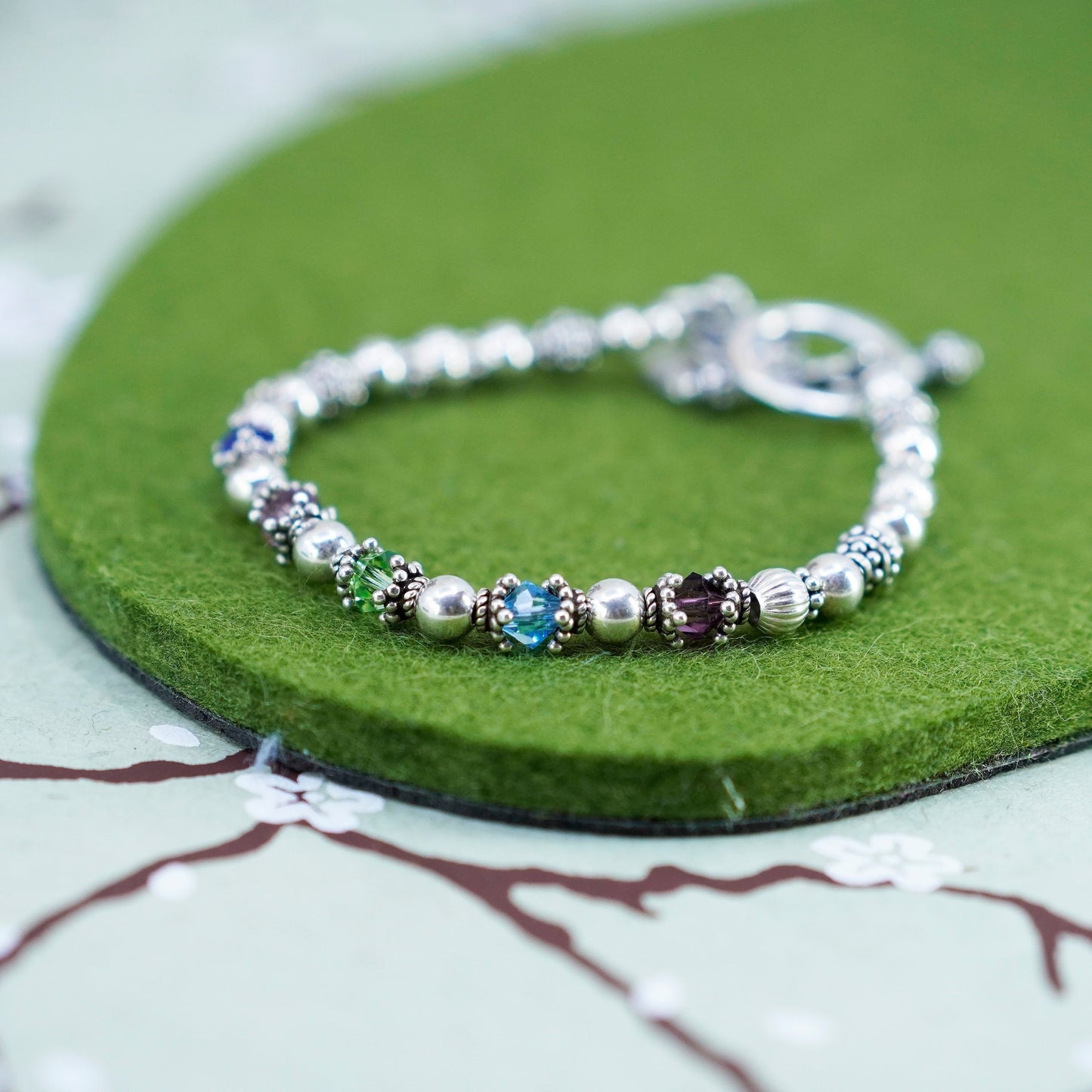 6”, Vintage Sterling 925 silver handmade beads bracelet with crystals flower