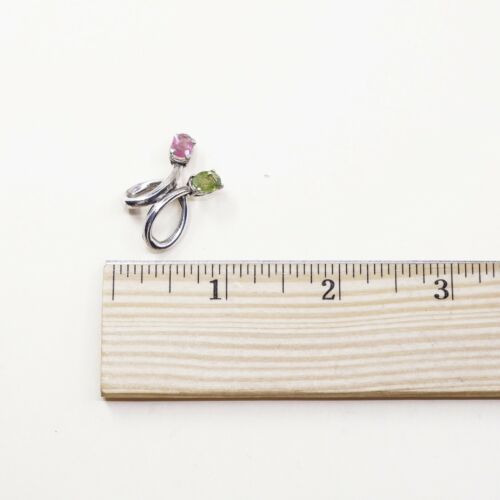 Vtg Sterling silver handmade pendant, solid 925 silver w/ Green Pink Crystal