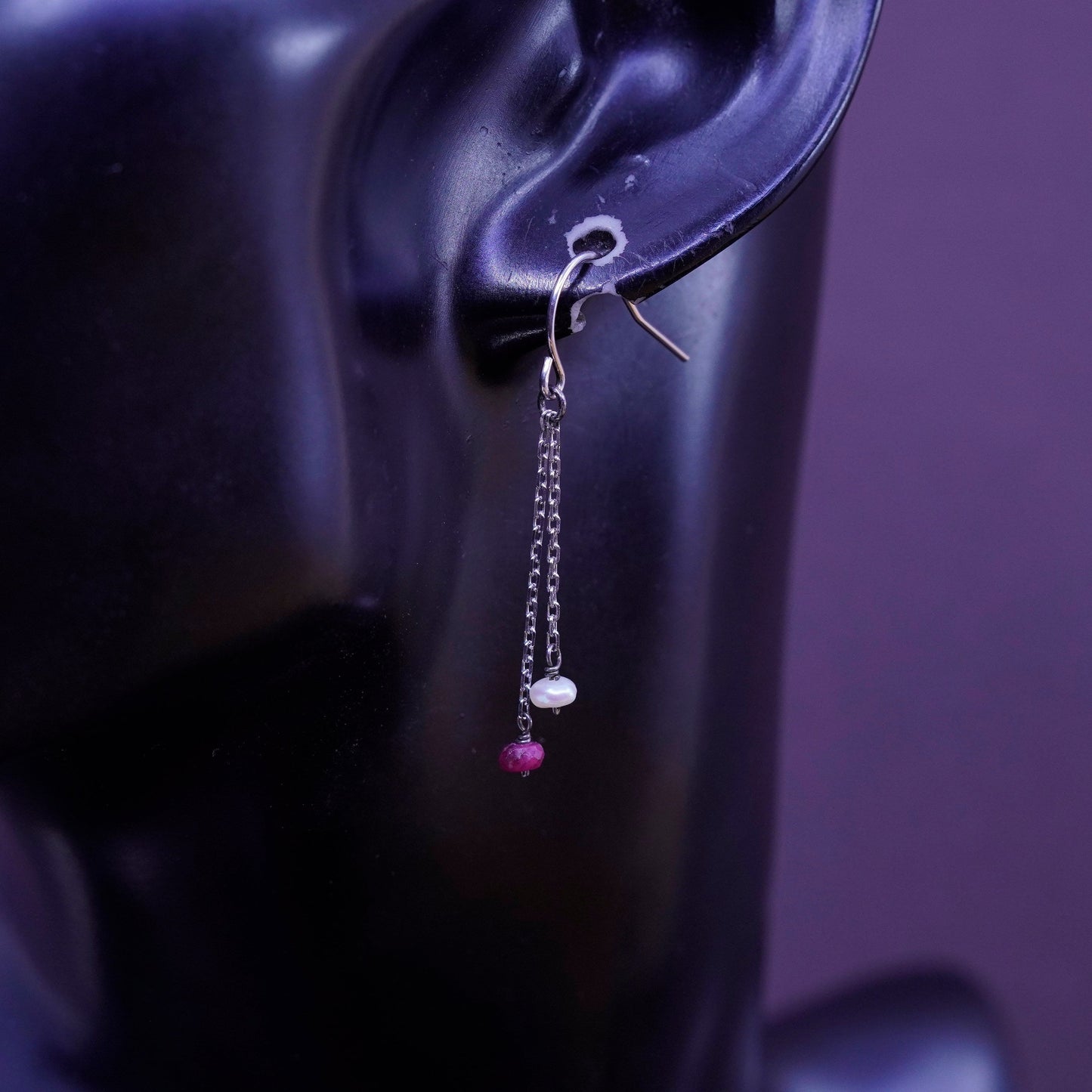 Vintage Sterling 925 silver handmade earrings with pearl and ruby beads