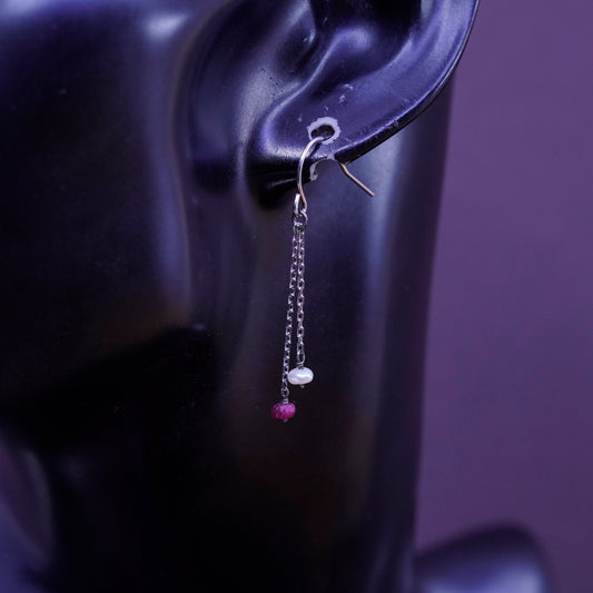 Vintage Sterling 925 silver handmade earrings with pearl and ruby beads