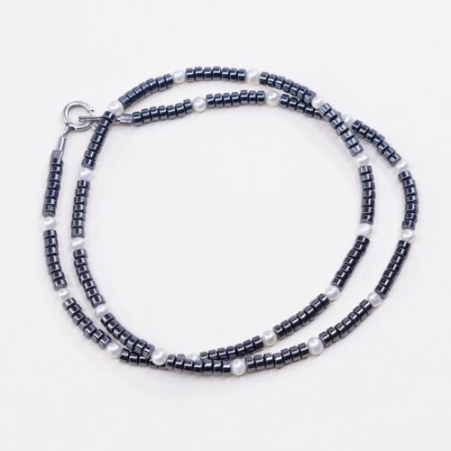 Southwestern Native American Heishi Necklace, Hematite W/ Pearl N 925 Sterling