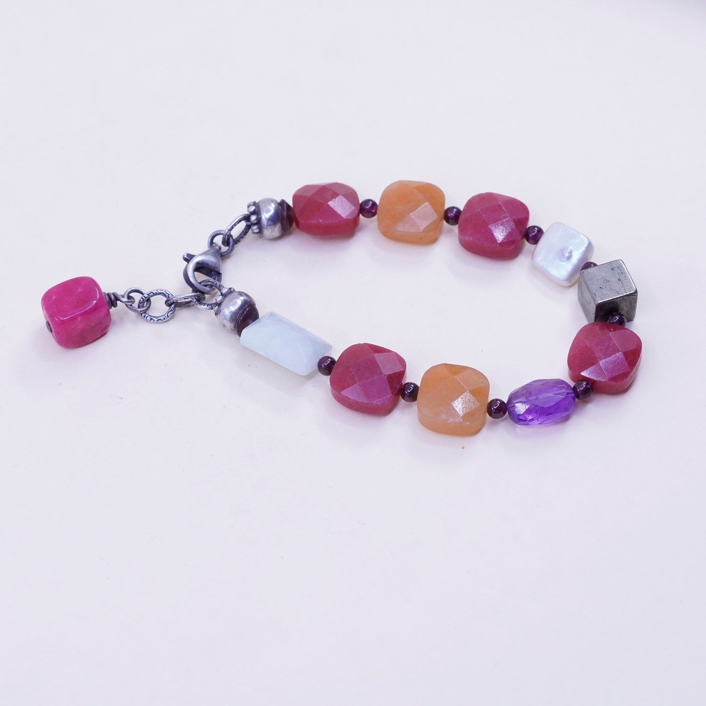 6.75”, 925 Sterling silver handmade bracelet with sea washed glass nugget