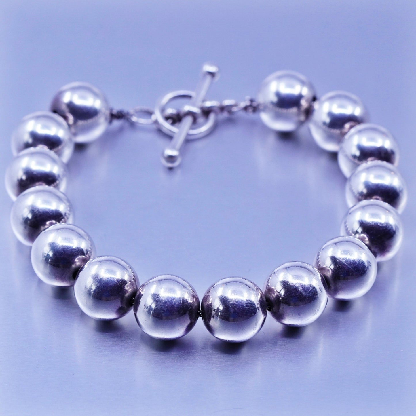 7.5”, 13mm, vintage Mexico Sterling 925 silver handmade bold bead bracelet