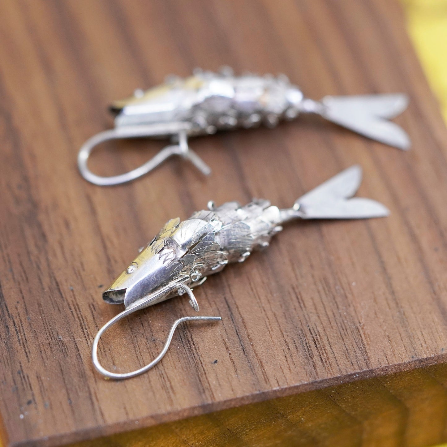 Vintage sterling silver handmade earrings, 925 movable fish dangles