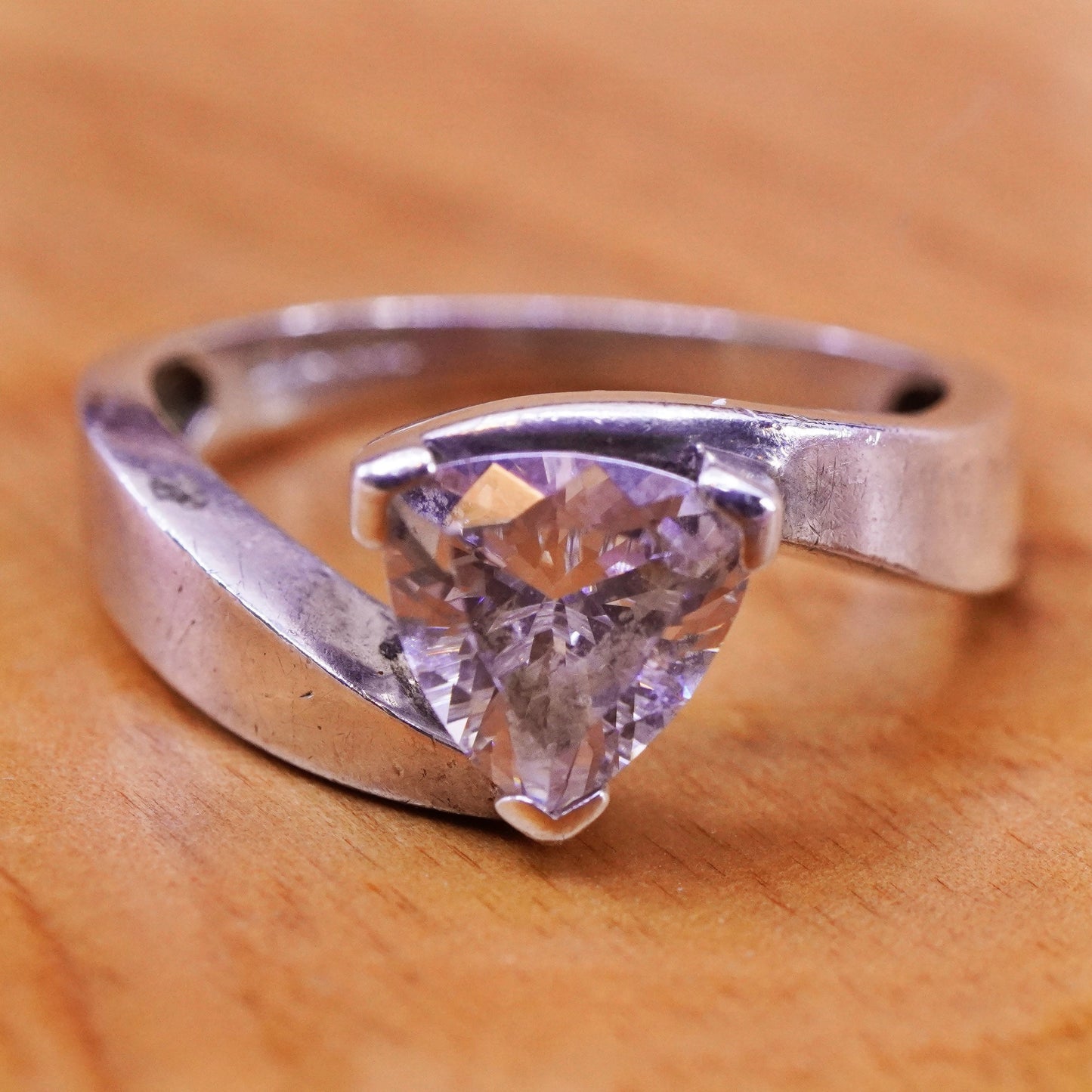 Size 7.25, Sterling silver handmade ring, 925 engagement band w/ triangular cz