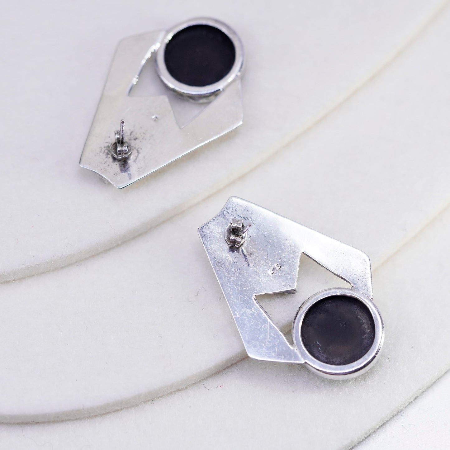 Vintage Mexico Sterling 925 silver handmade earrings, modern obsidian studs