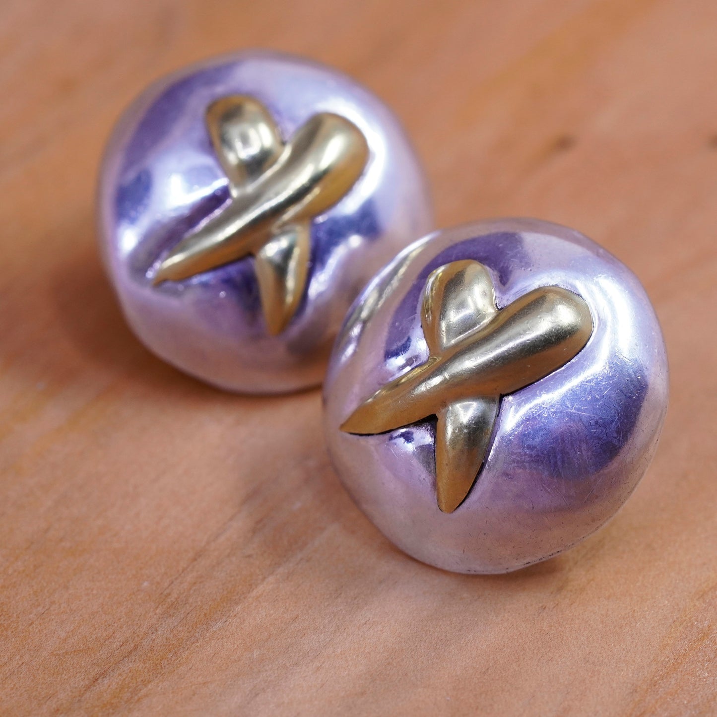 Two Tone Sterling silver handmade earrings, mexico 925 silver round studs